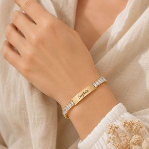 <b>Custom</b> Engraved <b>Name</b> Stainless Steel Bar Bracelet Ladder Square Full Paved Rhinestone Plate Personalized Engraving Jewelry - Product Image 4