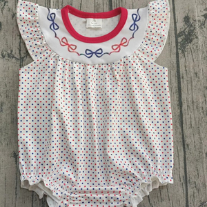 Combinaison courte à manches courtes pour bébé, avec nœuds en pois rouges et bleus brodés, vente en gros pour enfants, modèle SR3706 CUSTOM - Product Image 1