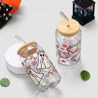 Gobelet en verre personnalisé avec logo, 400 ml, pour Halloween, avec couvercle en bambou et paille, pour café, lait, cola