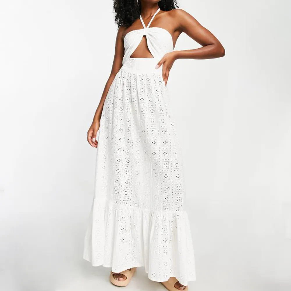 Ladies Lace Sleeveless Beach Long Dress 2023 Fashion Summer White Sling Dress Hollow Out Women