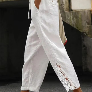 <span class=keywords><strong>Pantaloni</strong></span> Casual da Donna <span class=keywords><strong>a</strong></span> <span class=keywords><strong>Vita</strong></span> <span class=keywords><strong>Alta</strong></span> <span class=keywords><strong>con</strong></span> Coulisse, Orlo in Pizzo, Tasche e <span class=keywords><strong>Bottoni</strong></span>, Leggeri e Comodi - Product Image 1