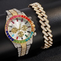 Ensemble de Bijoux Bling Strass Iced Out en Alliage Argent Or, Montre à Quartz Hip Hop pour Homme et Bracelet Chaîne Maille Cubaine, Vente en Gros