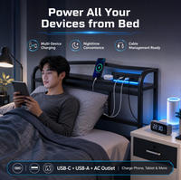Lit plateforme en métal taille Queen avec ports de charge USB, étagère de rangement robuste sous le lit, tête de lit, cadre de lit moderne en métal