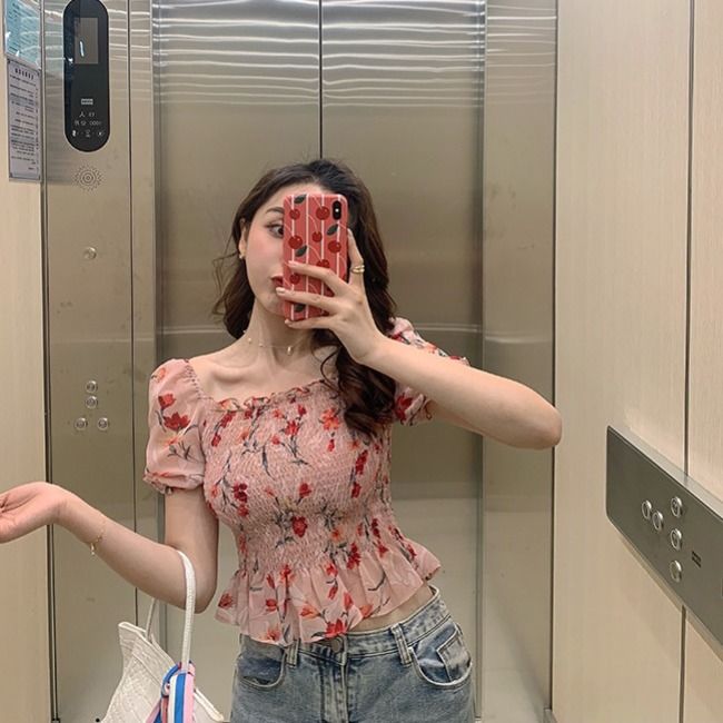 Новые поступления, женские укороченные топы с коротким рукавом-фонариком и цветочным принтом на резинке