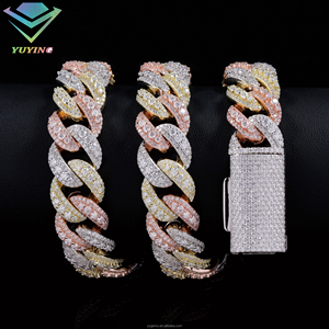Cadena de eslabones cubanos para hombre, tricolor en oro rosa y plata S925, con incrustaciones de diamantes de moissanita VVS en relieve, de tres tonos, joyería - Product Image 2