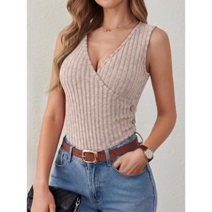 FOXA Camiseta sin mangas de punto acanalado para mujer, cuello en V, sin mangas, con detalle de botones, corte ajustado, informal, para verano - Product Image 3
