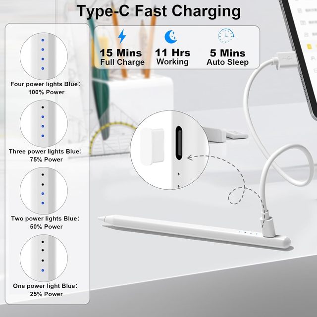 4 LED Power Indicator Magnetic Touch Stylus Pen Type-C Rechargeable Stylus Pens for iPad Air/Pro/mini 2018-2026 for iPad