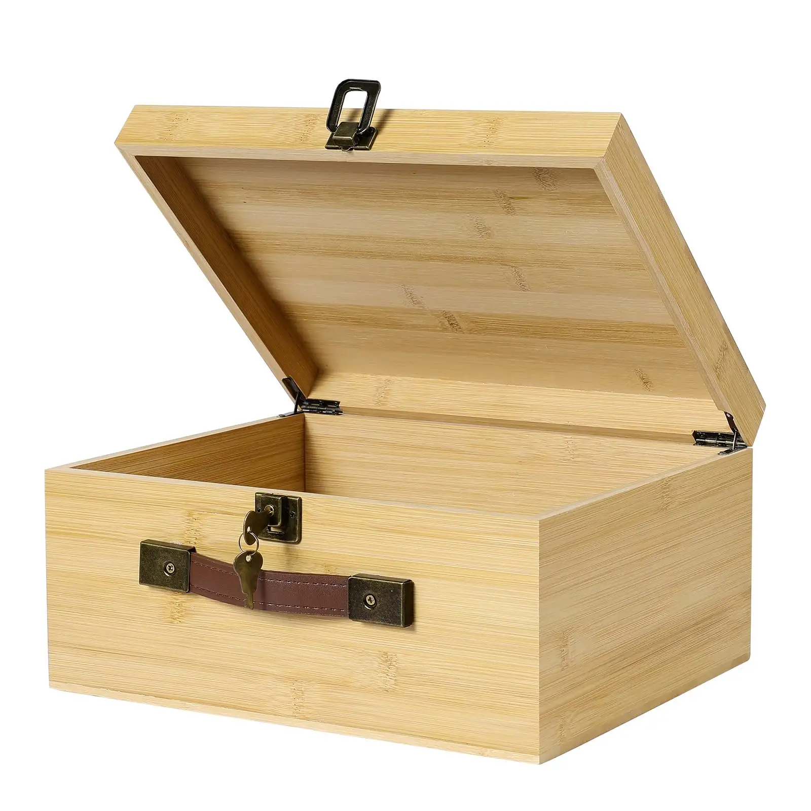 大きな竹木製ギフトボックスクラフト用品ロックキー付きウッドアート木製ボックスヒンジ付き蓋Puレザーハンドル