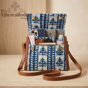 Handmade Eco Friendly Indigo Block Print Clutch with Zipper Closure and Two Shoulder Straps Cotton <b>Rug</b> <b>Boho</b> Purse - Product Image 1