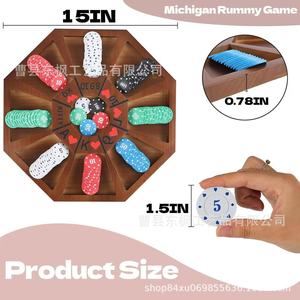 Octagonal Wooden Poker Chip Tray With Card Game Design For Home <b>Entertainment</b> Set - Product Image 5