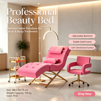 Lit de beauté moderne en tissu rouge pour salon, base dorée de luxe, mobilier de salon, lit cosmétique pour cils avec chariot