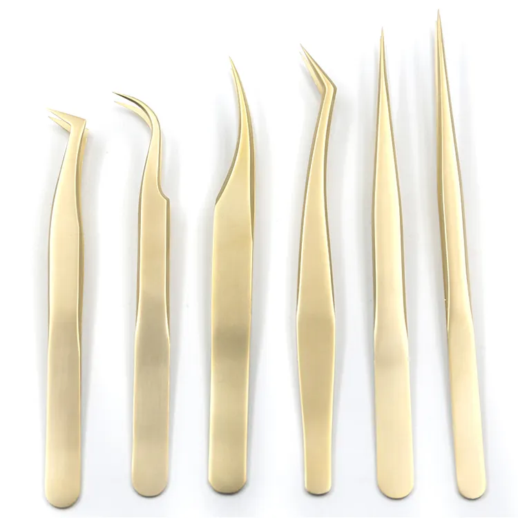 Beauty tools kit golden Eyelash Extension forceps 6 pieces set gold lash tweezers can be customized color