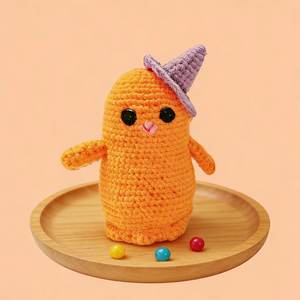 Décoration d'Halloween mignonne en forme de fantôme de couleur orange avec chapeau tissé violet, kit de poupée en crochet DIY en fil à tricoter - Product Image 4
