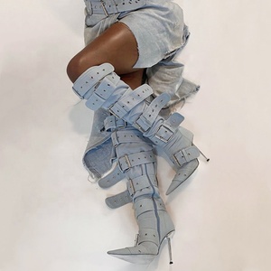 Bottines longues en jean pour femmes avec boucles de ceinture argentées, talons hauts en métal, style punk sexy, au-dessus du genou, à talon aiguille - Product Image 3