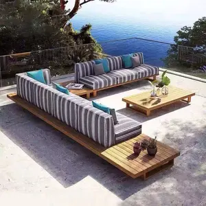 Popular Outdoor stripe fabric sofa set teak base courtyard garden furniture terrace solid wood sofa for five star hotel