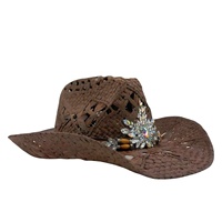 Chapeau de cowboy tissé style western marron avec fleur en strass et bande en cuir, idéal pour festivals de musique et fêtes personnalisées pour adultes - Vente en gros