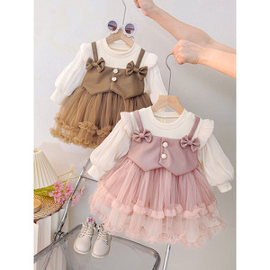 Abito da Principessa per Bambina Primavera-<span class=keywords><strong>Autunno</strong></span> 2025, Stile Coreano con Maniche Lunghe in Rete e Fiocco per Compleanno - Product Image 1