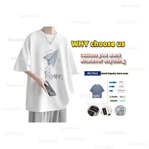 Hong Kong estilo manga curta solta montagem oversized off ombro mangas atacado tendência da moda impresso t-shirt dos homens