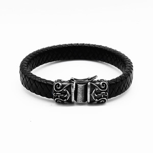 Yunnique Pulsera de cuero negro con patrón de ancla y hebilla de plata tibetana, joyería unisex - Product Image 1