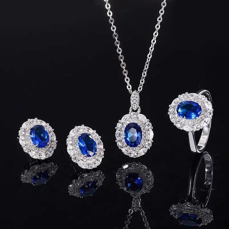 1 925 Silber Schmuck Halskette Ohrring Ring Set Party Blue Gem stone Zirkonia Mode Schmuck Ringe Set für Damen Accessoires