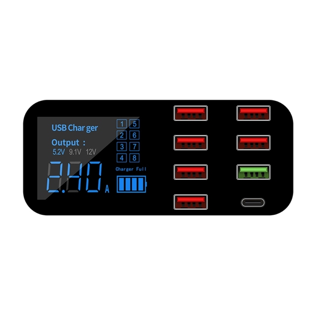 40W 8-Port Quick Charge PD USB C Power Adapter 3.0 Multiple USB Desktop Charger LED Display 5A 2A Output Current Battery Use