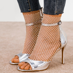 Sandales à talons hauts pour femmes, nouvelle collection, talon fin, semelle en caoutchouc, fermeture éclair arrière, en PU et maille, ornées de strass, offre spéciale - Product Image 6