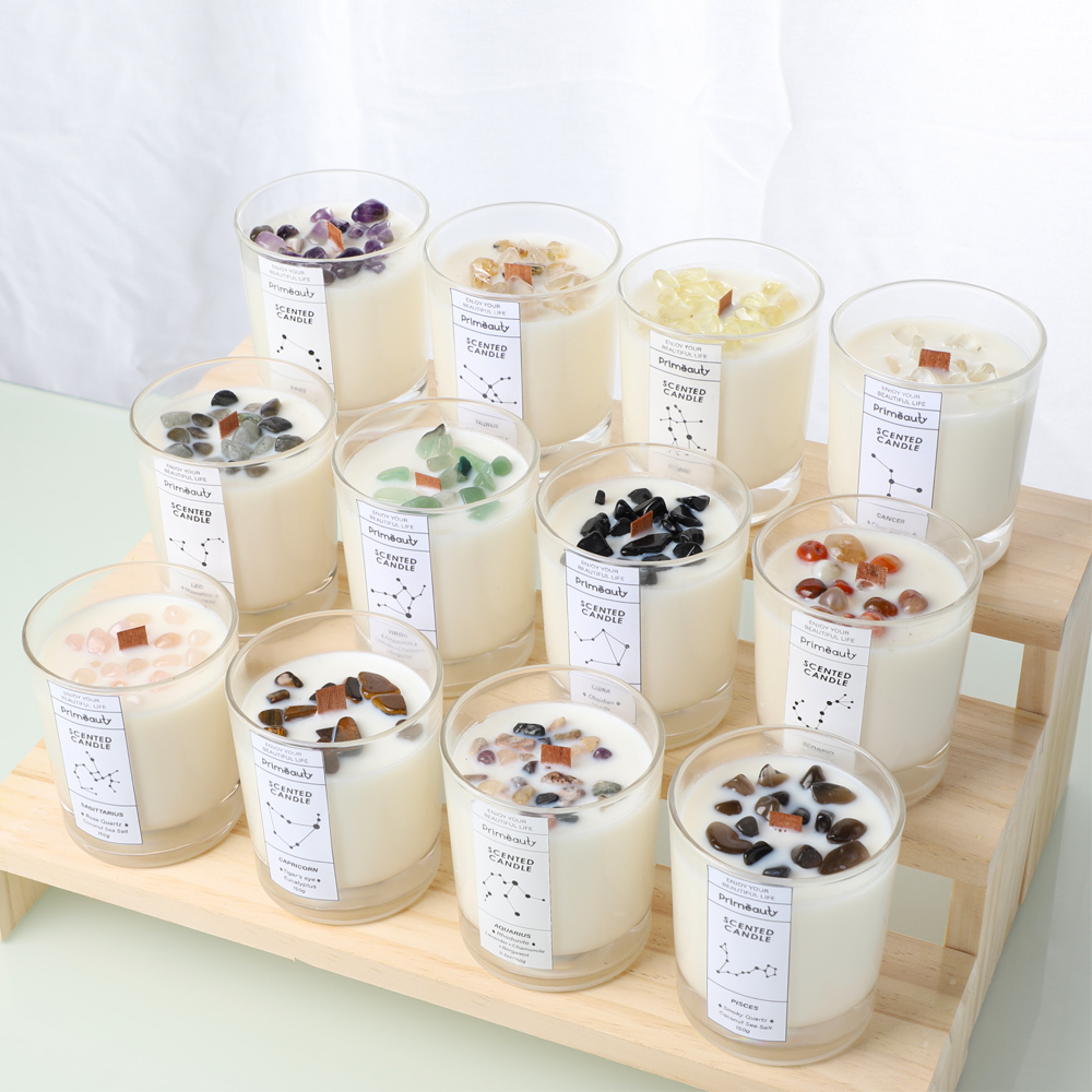 Двенадцать созвездий декоративные ручной работы на заказ Деревянный фитиль соевый воск Роскошные Ароматические ароматические свечи с кристаллами внутри