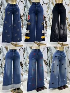 <span class=keywords><strong>Vaqueros</strong></span> <span class=keywords><strong>cargo</strong></span> de mezclilla de cintura alta para mujer, corte holgado, estilo pierna ancha, con detalles bordados de pedrería, en stock, venta al por mayor - Product Image 6