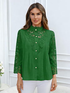 Camisa Casual de Manga Larga con Encaje para Mujer, Tejido de Punto de Algodón, Cuello Redondo, Corte Regular, Blusa de Oficina para Primavera/Verano y Otoño - Product Image 6