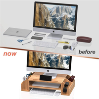 Bamboe Multi-Functionele Dual Monitor Stand Riser Met Lengte En Hoek Verstelbare Laptop Computer Desk Organizer Stand