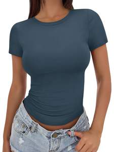 Ropa de Moda para Mujer Camisetas Básicas Casuales de Manga Corta con Ajuste Entallado Suaves con Cuello Redondo Crop Top Lindo de Verano para Gimnasio - Product Image 5