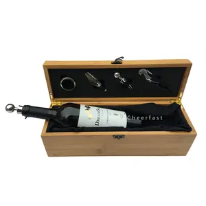 Customized Red Wine Wooden Gift Box Packaging Wine Storage Carrying Case Bamboo Single Wooden Box Cork Screw Wine Bottle Opener