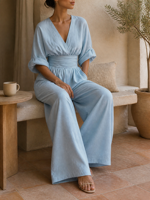 Combinaison ample bleu clair pour femme Joydressing, col en V, manches chauve-souris, taille haute, tenue une pièce