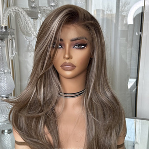 Perruque en cheveux humains vierges bruts russes européens de qualité supérieure 12A, avec dentelle HD, cuticules alignées, ondulée, avec mèches brunes - Product Image 4