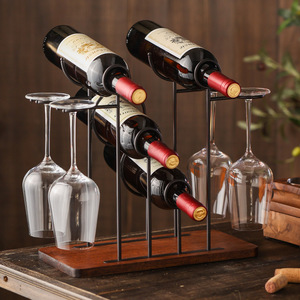 Support de rangement créatif en bois massif pour verre à vin rouge <span class=keywords><strong>Pied</strong></span> haut inversé Accueil Casier à vin suspendu Porte-vin en métal avec fond en bois - Product Image 1