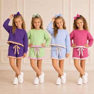 Conjunto de Sudadera de Dos Piezas Personalizado para Niños, Top de Cuello Redondo, Pantalones Cortos con Cordón, Ropa Casual, Proveedor de Fábrica - Product Image 3
