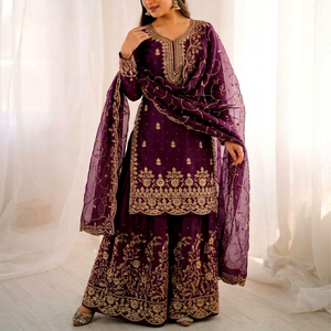 Ensemble Salwar Kameez brodé violet avec sequins, tenue indienne pakistanaise pour mariage et fêtes, pour femmes - Product Image 1