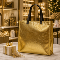Sac fourre-tout en tissu non tissé doré métallisé froissé avec poignée en sangle noire, sac de shopping