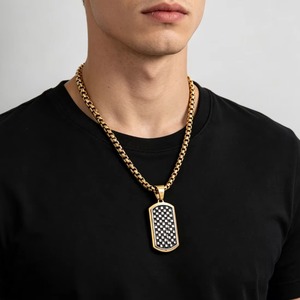 Collar con Colgante Cuadrado con Patrón de Tablero de Ajedrez Geométrico, Acero Inoxidable Pulido, Joyería para Uso Diario Masculino - Product Image 5