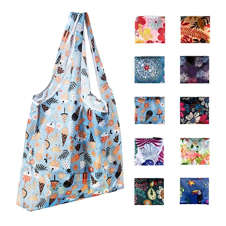 Reutilizável RPET Polyester Shopping Bag grande saco de mulher Custom Nylon Pouch Dobrável portátil eco Tote Bag Para Compras De Supermercado