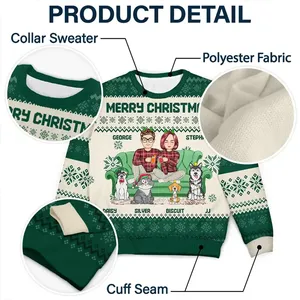Maglione Natalizio Personalizzato Unisex in Misto Poliestere ad Asciugatura Rapida con Stampa di Coppia Cartoon con Bambini e Animali Domestici - Product Image 4