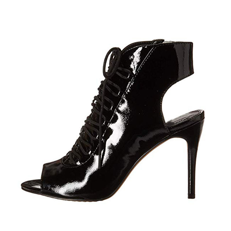 Sepatu Bot Hak Tinggi Wanita, Kulit Paten Hitam Peep Toe Pendek Stiletto