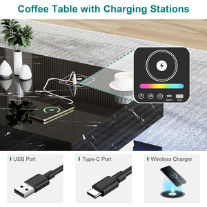 Tavolino da caffè smart a forma di H con motivo in marmo nero, cassetti portaoggetti e porte di ricarica per il soggiorno - Product Image 2