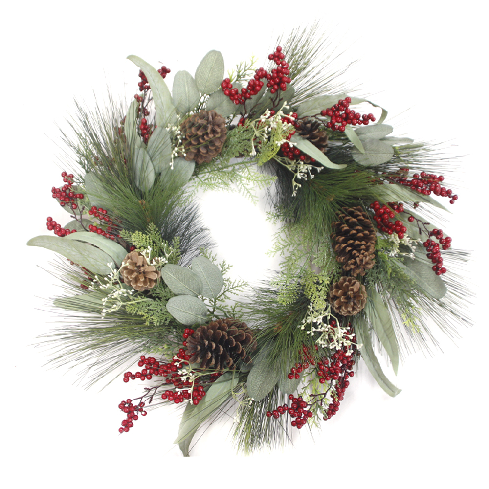 OEM custom design outdoor decoration PVC Christmas wreath artificial decoration with pin and berries