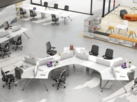 Poste de travail modulaire pour six personnes en MDF revêtu, éco-responsable, design triangulaire, bureau commercial moderne