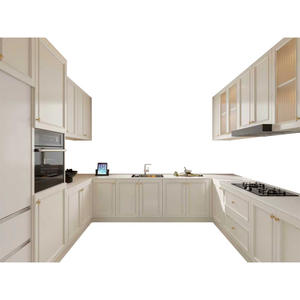 Meubles de cuisine de style français en forme de L, base en bois massif, armoire modulaire avec plan de travail en quartz pour cuisinière domestique - Product Image 5