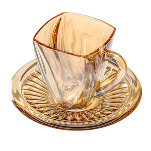 Czech Crystal Coffee <b>Cup</b> <b>Set</b> Square Amber Color Wedding Gift Tea <b>Cup</b> Saucer Household Use - Product Image 1
