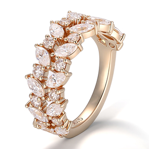 Anelli a Mezza Eternità a Due File, <span class=keywords><strong>Gioielli</strong></span> Personalizzati, Anello in Oro Massiccio 10K con Moissanite Taglio Marquise e Rotondo, Anello <span class=keywords><strong>di</strong></span> Fidanzamento o Regalo <span class=keywords><strong>di</strong></span> Compleanno - Product Image 1