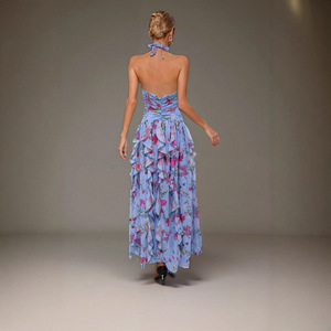 Abiti Lunghi Casual Maxi <span class=keywords><strong>con</strong></span> Schiena Scoperta e <span class=keywords><strong>Spacco</strong></span>, Vestito <span class=keywords><strong>Elegante</strong></span> Estivo da Donna <span class=keywords><strong>con</strong></span> Collo all'Americana, Motivo Floreale e Volant - Product Image 2