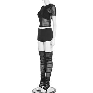 Viviblook J26ST001 Women Casual Set Cross Bandage Round Neck Pullover Crop <b>Top</b> <b>See</b> <b>Through</b> Shorts Long Leg Sock Set - Product Image 5